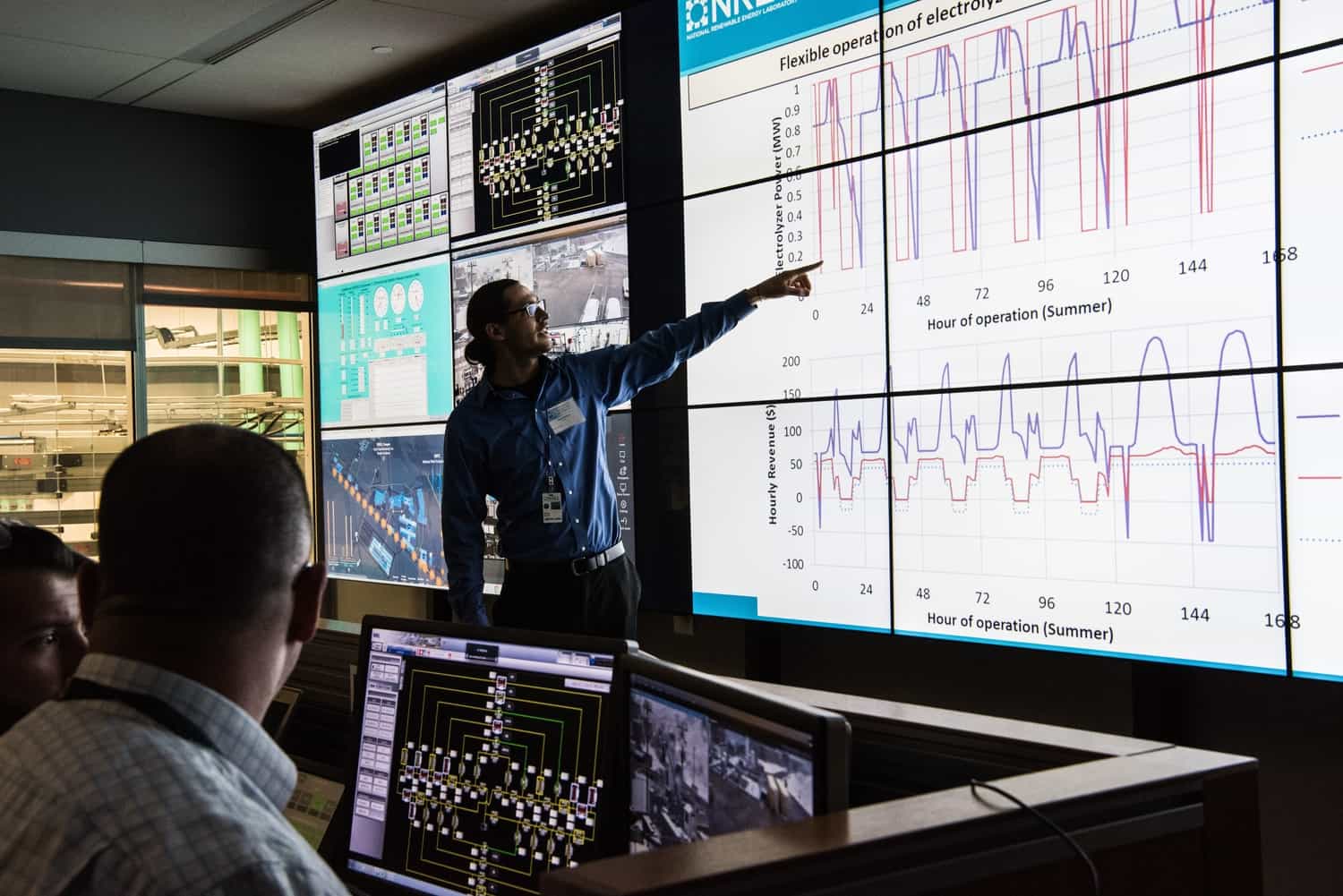November 17, 2016- Josh Eichman, NLR, discusses the Business Case Analysis of an NLR and Idaho National Laboratory (INL) electrolyzer grid integration demonstration in the control room of the Energy Systems Integration Facility (ESIF), using Real-Time Digital Simulators (RTDS) connecting grid simulations at the two labs to investigate the value of hydrogen electrolyzer refueling stations for providing grid services. The audience was made up of industry and utility representatives attending the H2@Scale Workshop.